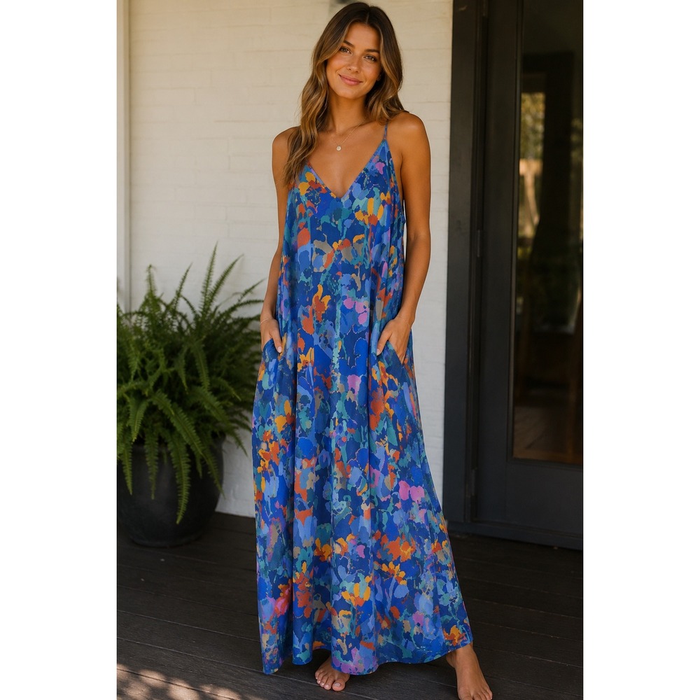 Van Winkle & Co Blue Floral Abstract Print Maxi Dress Large Boho Spaghetti Strap